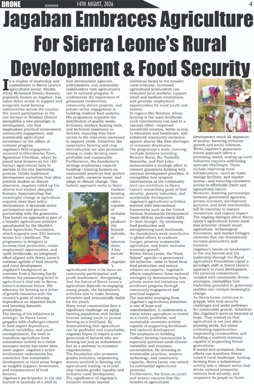 Drone Newspaper (Page 4): “Jagaban Embraces Agriculture For Sierra Leone’s Rural Development & Food Security”